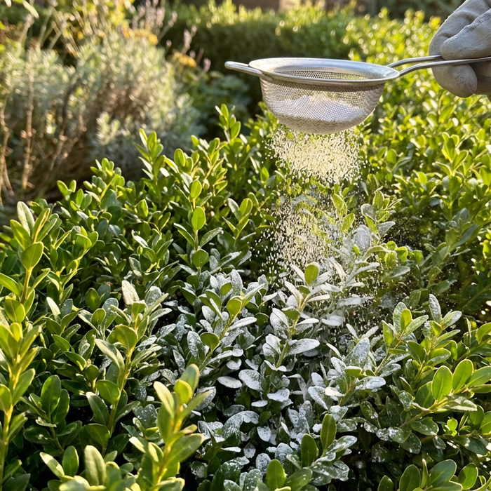 Application de chaux algale sur une haie de buis pour prévenir une infestation de foreurs