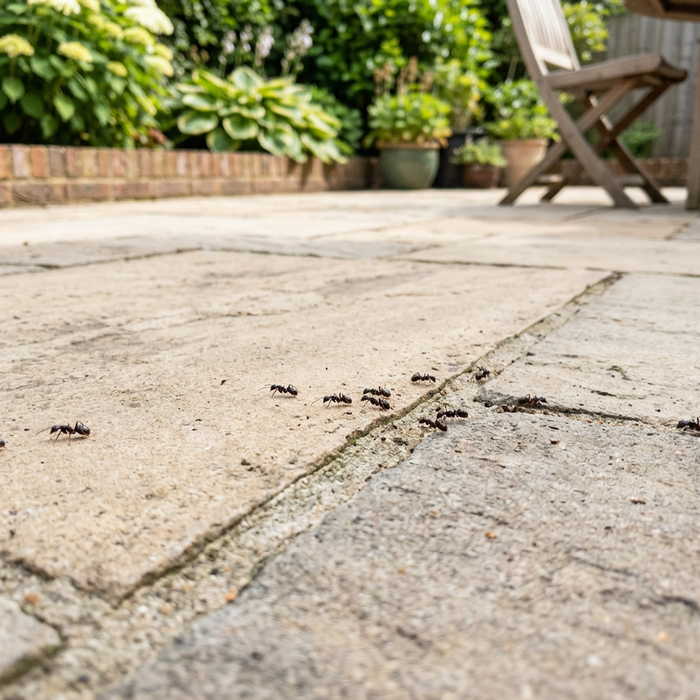 Représentation discrète de fourmis sur une terrasse lumineuse
