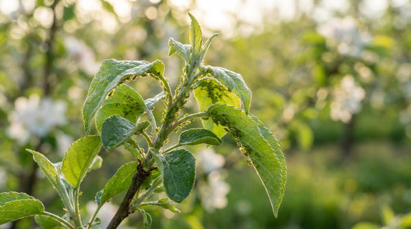 Branche de pommier avec feuilles enroulées et infestation de pucerons visible au printemps
