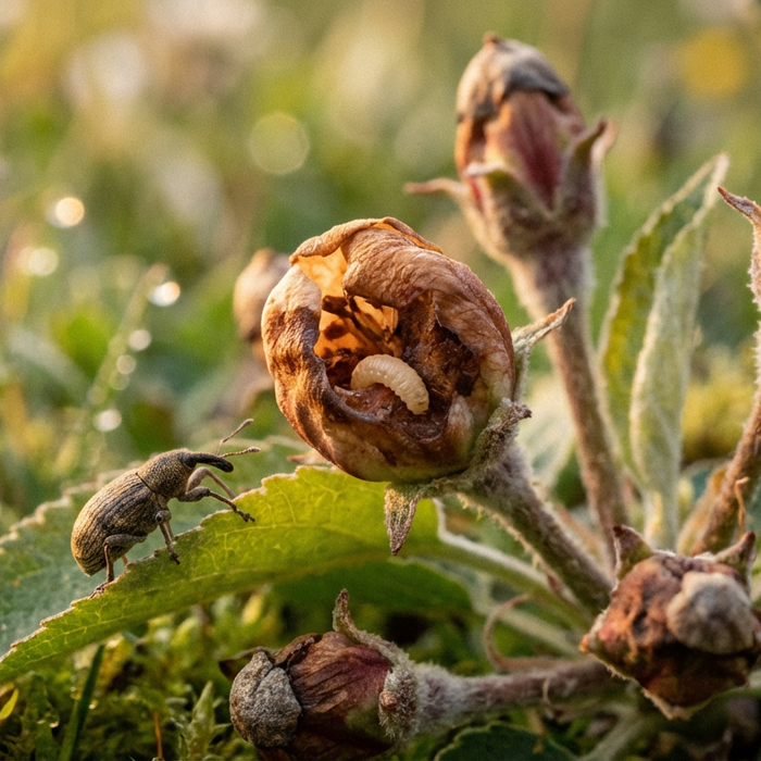 Larve coupeuse de fleurs de pommier : reconnaissance, développement et dégâts
