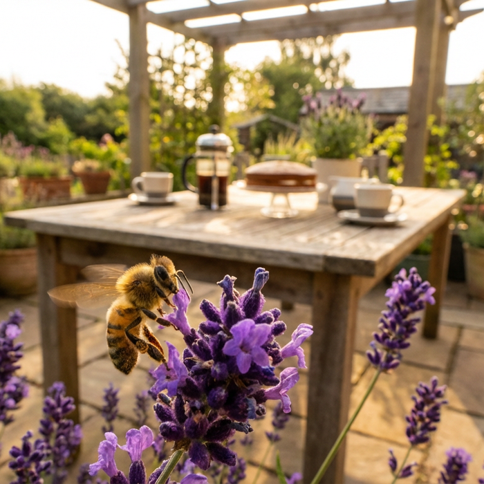 Eine Honigbiene sammelt Nektar an einer Lavendelblüte im Garten, im unscharfen Hintergrund steht ein gedeckter Kaffeetisch.