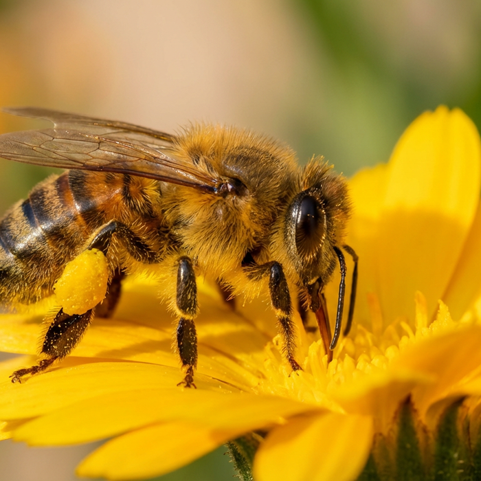 Atemberaubende Makroaufnahme einer Biene mit Pollenhöschen auf einer gelben Blüte