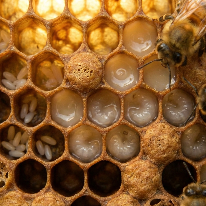 Entwicklungsstadien der Honigbiene in der Bienenwabe mit Eiern, Larven und erwachsenen Bienen