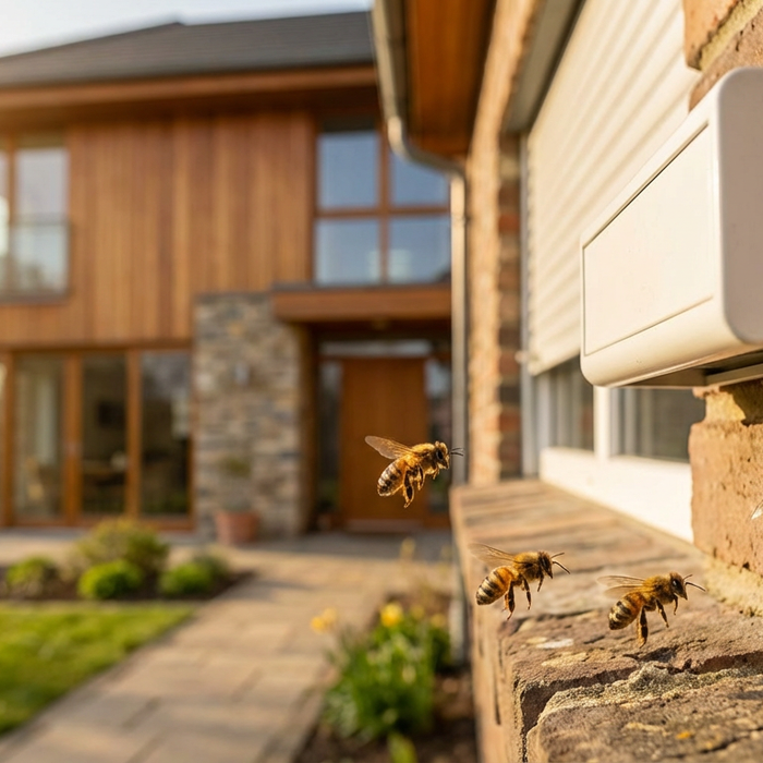 Bienen fliegen an einer Hausfassade und suchen nach einem Nistplatz in Rissen oder am Rollladenkasten