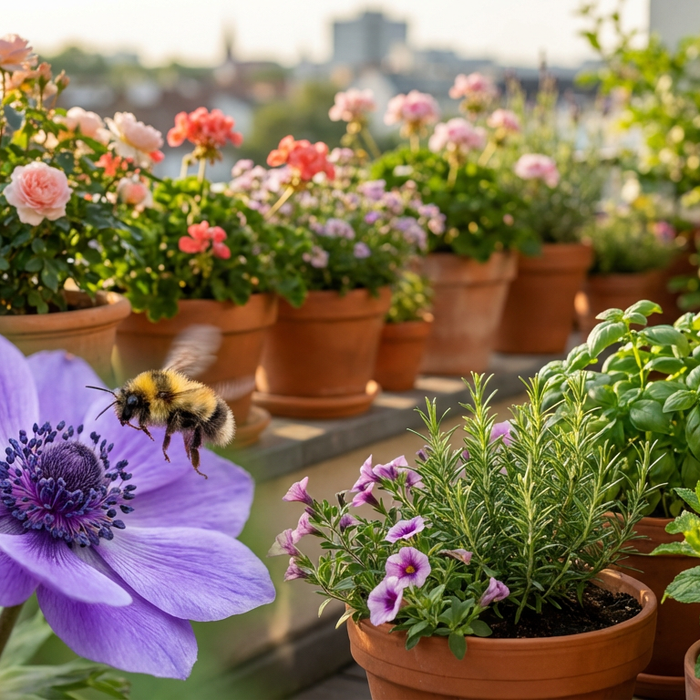 Bienenfreundlicher Balkon mit vielen blühenden Pflanzen und einer fliegenden Wildbiene