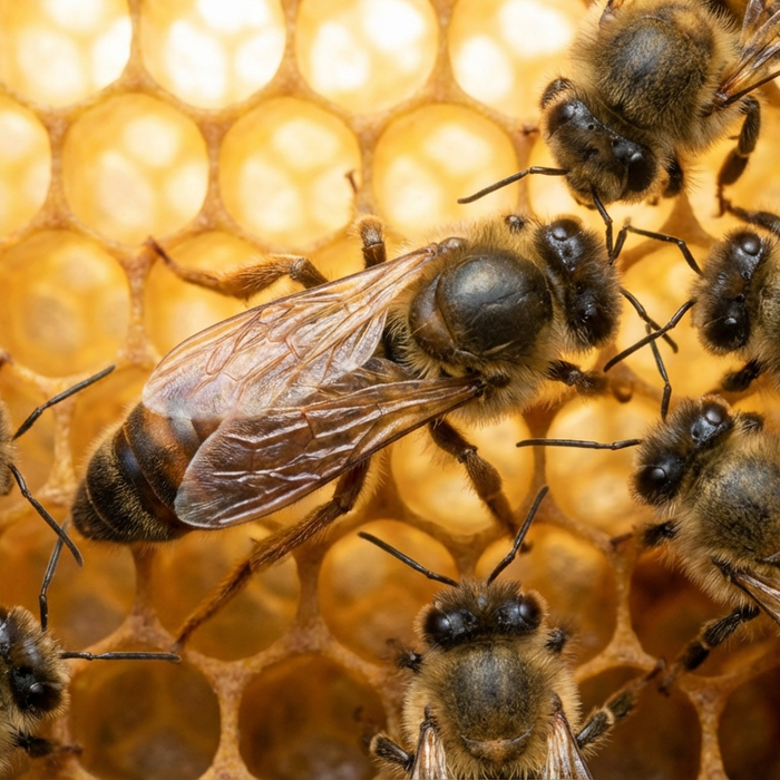 Eine große Bienenkönigin umgeben von ihrem Hofstaat aus Arbeiterinnen auf einer goldenen Bienenwabe