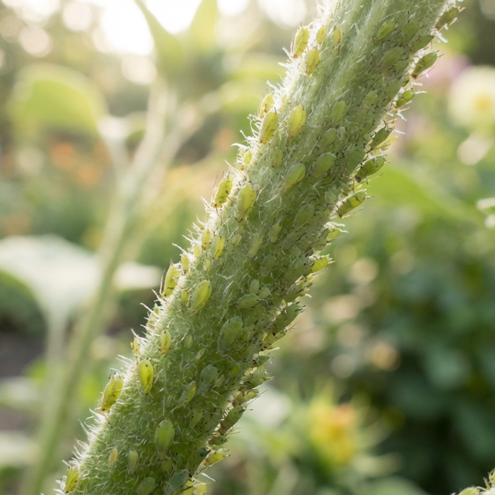 Starker Blattlausbefall an einem jungen grünen Pflanzenstängel im Garten