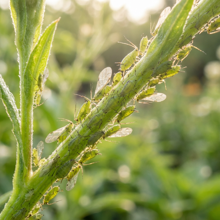 Nahaufnahme von grünen Blattläusen an einem frischen Pflanzentrieb im Garten