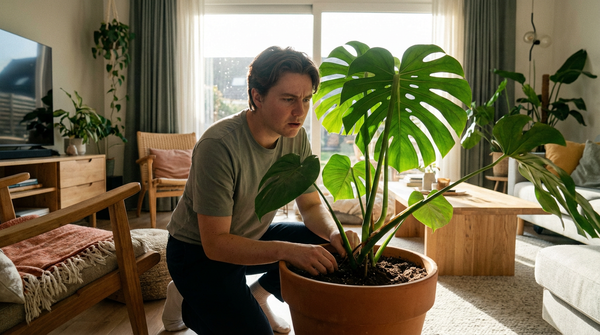Une personne inquiète regarde le terreau d'une plante d'intérieur à la recherche de parasites