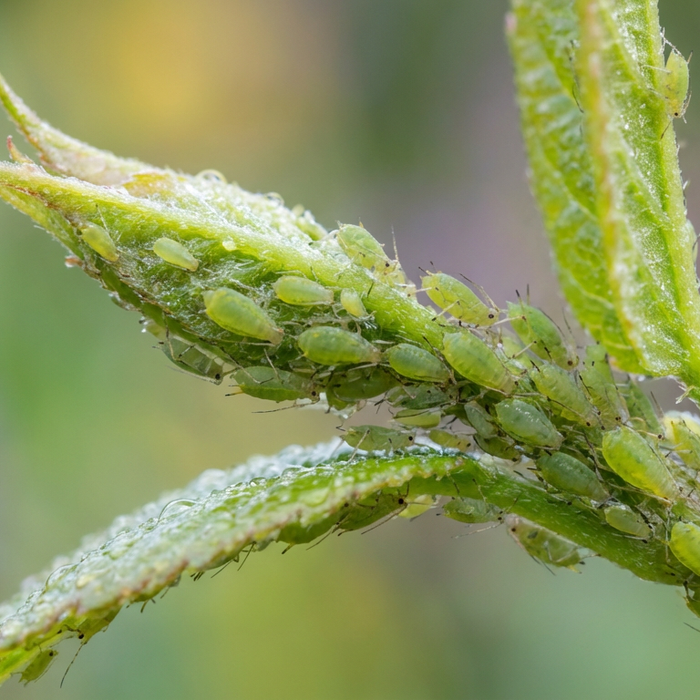 Grüne Blattläuse sitzen dicht gedrängt an einem frischen Pflanzentrieb im Garten