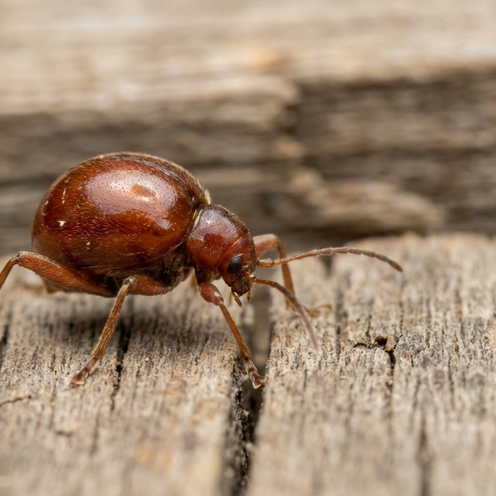 Nahaufnahme eines rötlich-braun glänzenden Kugelkäfers auf einem alten Holzboden im Altbau