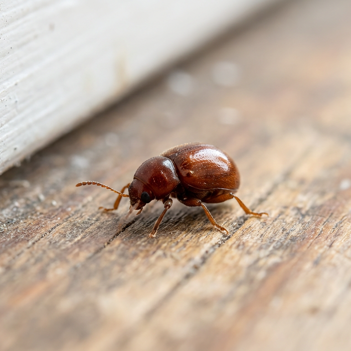Ein glänzender Kugelkäfer krabbelt auf einem Holzboden an einer weißen Fußleiste