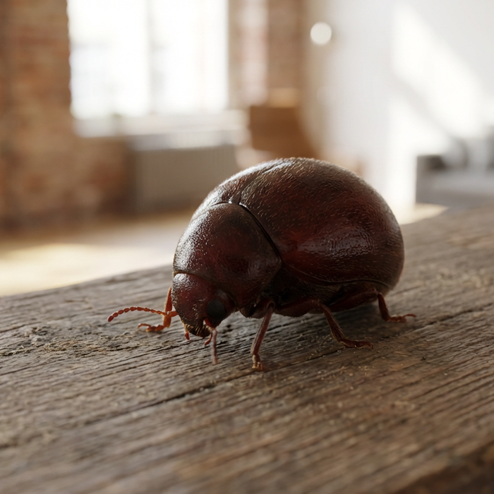 Nahaufnahme eines Kugelkäfers auf einem Holzboden in einem sanierten Altbau