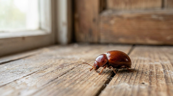 Gros plan d'un coléoptère brillant sur un plancher en bois rustique