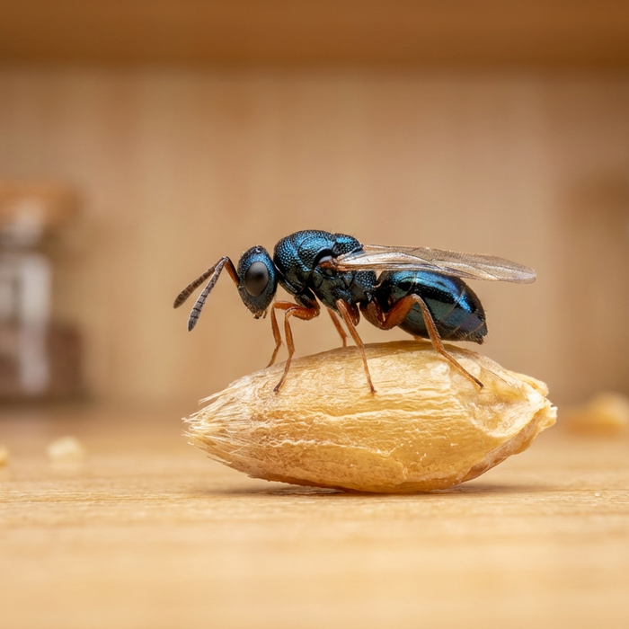Gros plan d'une guêpe acridienne sur un grain de blé pour la lutte biologique contre les ravageurs