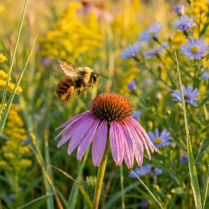 Lebensraum der Biene: Eine Wildbiene sammelt Nektar in einer blühenden, sonnigen Wildblumenwiese.