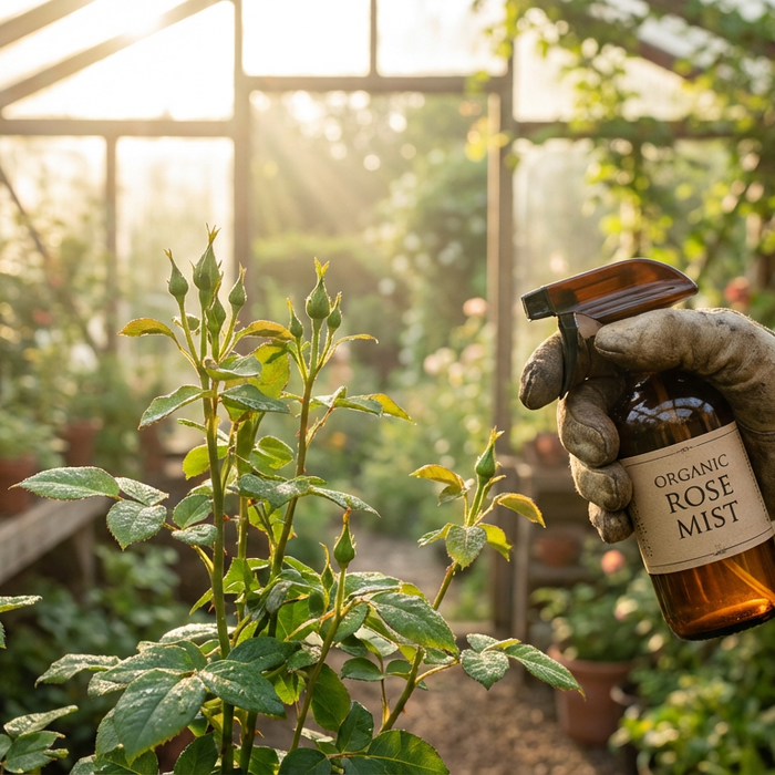 Neemöl in einer braunen Sprühflasche als natürliches und biologisches Mittel gegen Blattläuse im Garten