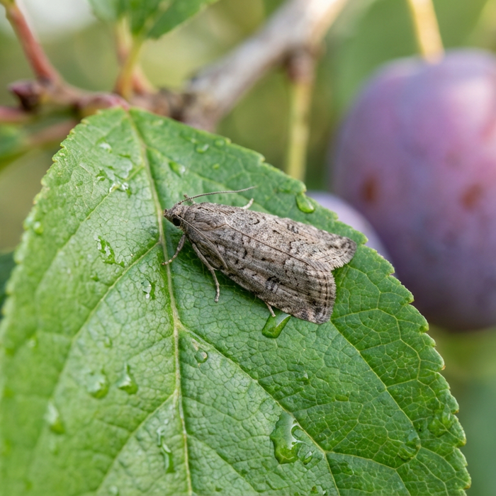 Papillon de la teigne du prunier reposant sur une feuille verte d'un prunier