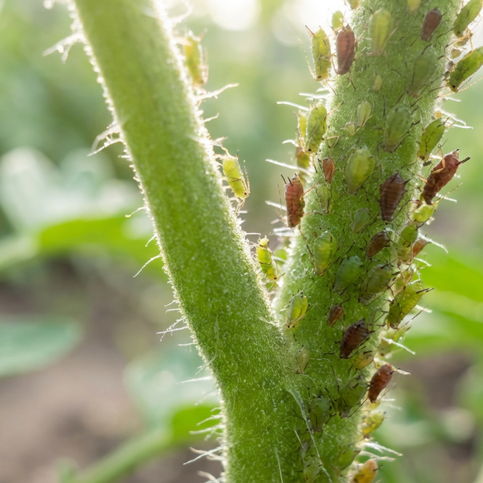 Close-up de pucerons sur une tige de tomate