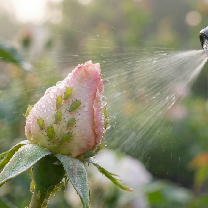 Gros plan des pucerons sur un bouton de rose pendant le traitement avec un flacon pulvérisateur.