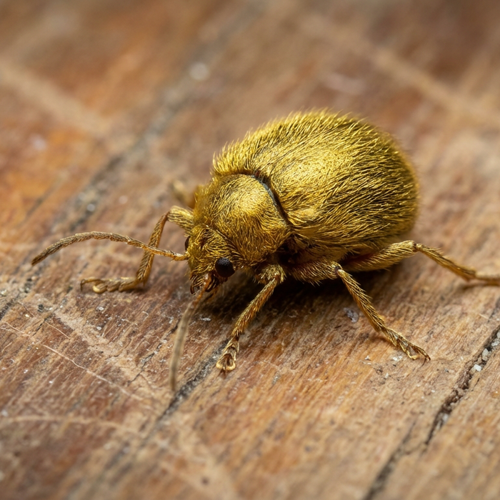 Close-up d'un coléoptère en laiton sur un vieux plancher en bois