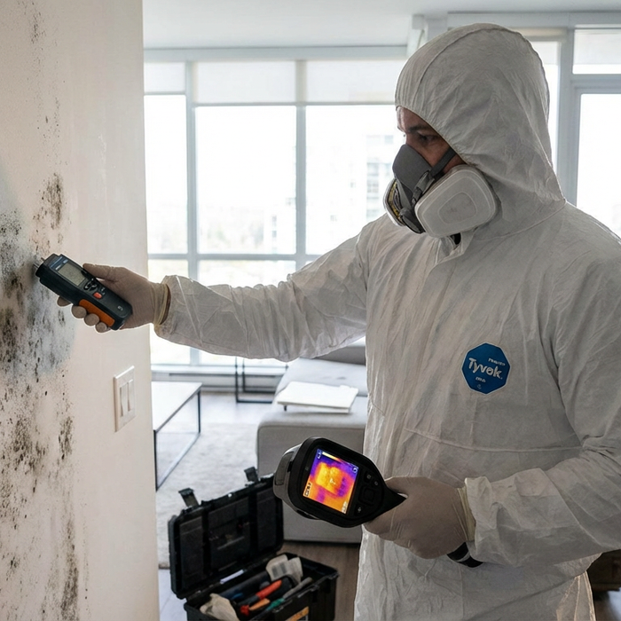 Mesurer les données de moisissure : Un expert vérifie l'humidité des murs à l'aide d'un appareil de mesure.