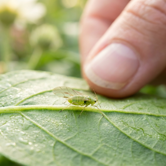 Gros plan d'un puceron vert sur une feuille avec un doigt humain en arrière-plan pour illustrer l'innocuité