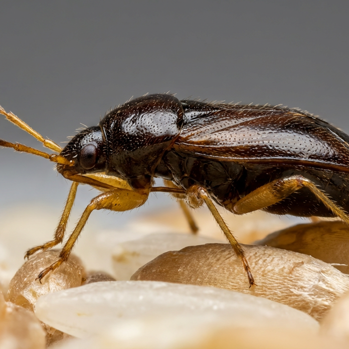 Gros plan d'un pirate de camp (Xylocoris flavipes) sur des grains de céréales - un insecte utile contre les ravageurs.