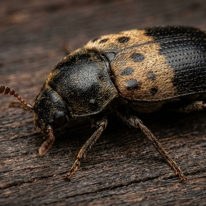 Lebenszyklus Speckkäfer: Adulter Gemeiner Speckkäfer auf Holzoberfläche