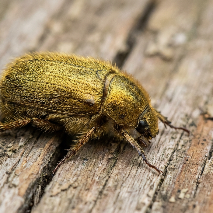 Close-up d'un coléoptère en laiton sur un vieux plancher en bois