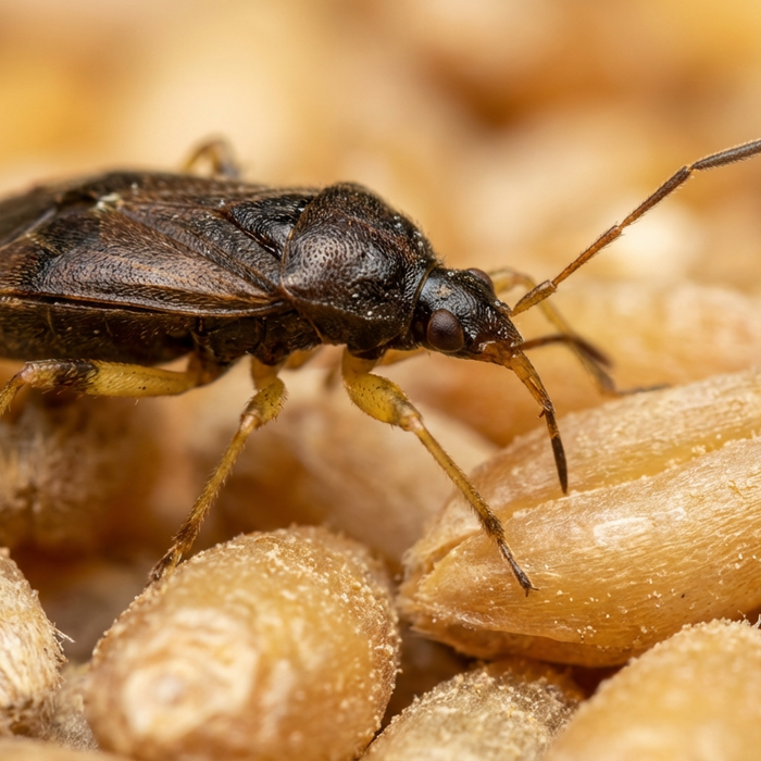 Camp pirate Xylocoris flavipes sur grains de céréales