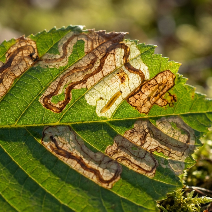 Gros plan d'une chenille mineuse des feuilles de châtaignier dans une mine de feuilles.
