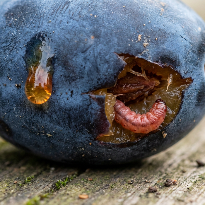 Gros plan d'une prune infestée avec des larves de teigne du prunier et des gouttes d'écoulement de gomme.