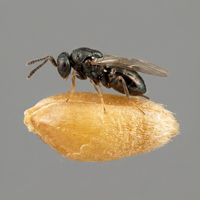 Gros plan d'une guêpe acridienne sur un grain de blé pour la lutte biologique contre les ravageurs