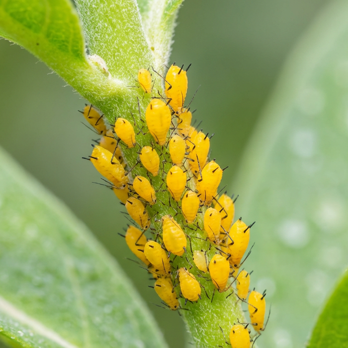 Pucerons jaunes (puceron du laurier-rose) sur une tige de plante verte en gros plan