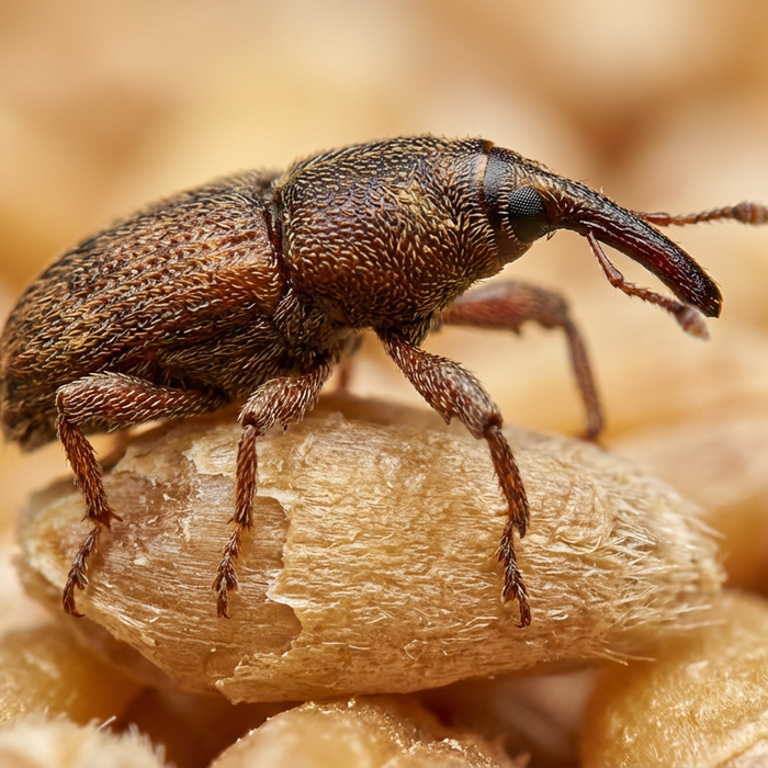 Gros plan d'un coléoptère des grains sur un grain de blé pour illustrer l'infestation des grains.