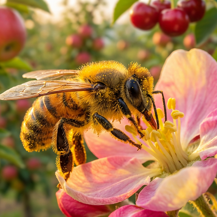 Eine Honigbiene bestäubt eine Blüte vor einem Obstgarten, was die Wichtigkeit von Bienen für unsere Nahrungsmittelversorgung zeigt.