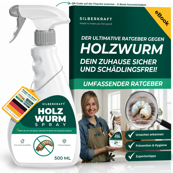 Spray contre les vers à bois Silberkraft 1000 ml ainsi que le guide eBook « Le guide ultime contre les vers à bois » avec un expert.