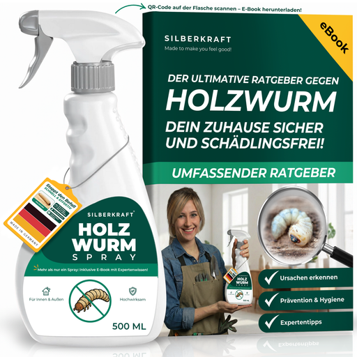 Holzwurm Spray: Holzwurmmittel gegen Holzwürmer, Holzbock & Nagekäfer für Innen & Aussen inkl. E-Book - Silberkraft