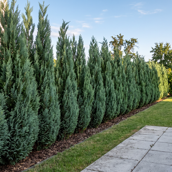 Blaue Säulen-Scheinzypresse 'Columnaris' als schmale, blaugrüne Hecke von etwa 2 m Höhe im Garten – KI-generierte Beispielabbildung