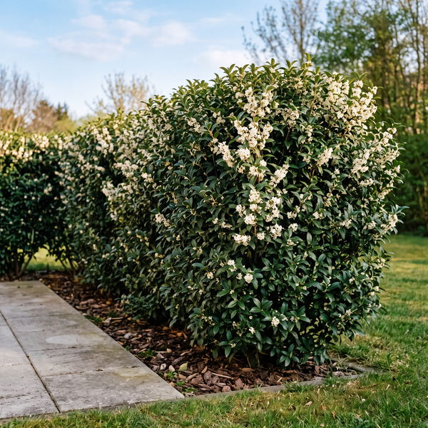 Duftblüte (Osmanthus) als etwa 1,5 m hohe immergrüne Hecke mit weißen Frühlingsblüten im Garten – KI-generierte Beispielabbildung