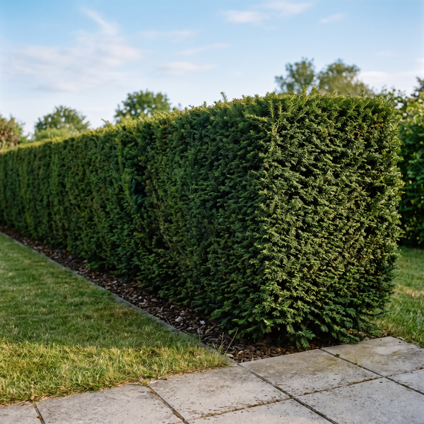 Eibe (Taxus baccata) als dunkelgrüne, exakt geschnittene Formhecke von etwa 1,8 m Höhe im Garten – KI-generierte Beispielabbildung