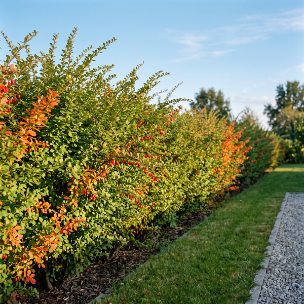 Grüne Heckenberberitze als dichte, dornige Hecke von etwa 1 m Höhe mit beginnender Herbstfärbung und roten Beeren – KI-generierte Beispielabbildung