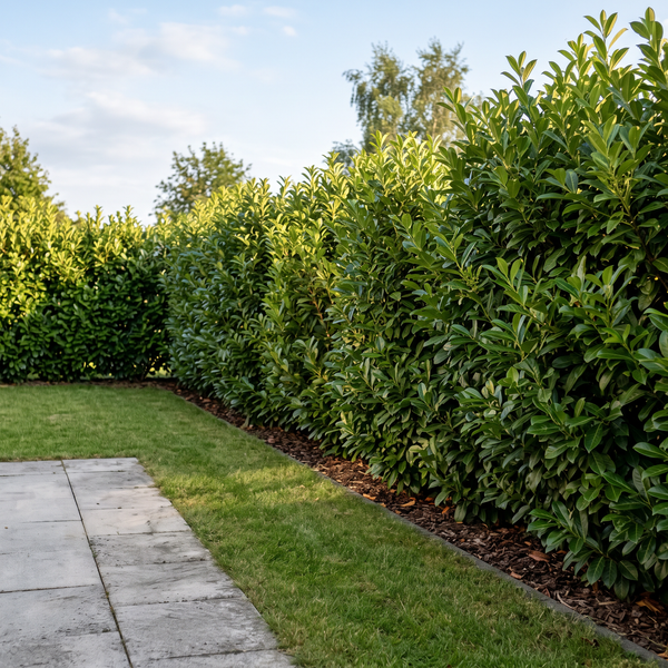 Kirschlorbeer 'Bonaparte' als kompakte, stark glänzende Hecke von etwa 1,6 m Höhe im Garten – KI-generierte Beispielabbildung