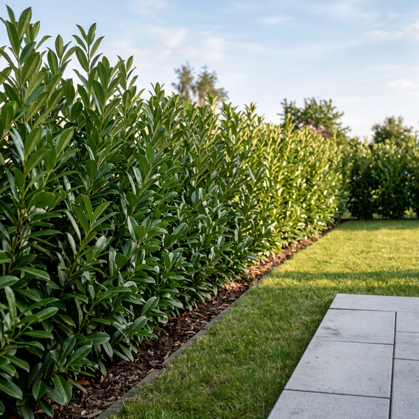 Kirschlorbeer 'Genolia' als schmale, aufrechte Hecke von etwa 1,8 m Höhe im Garten – KI-generierte Beispielabbildung