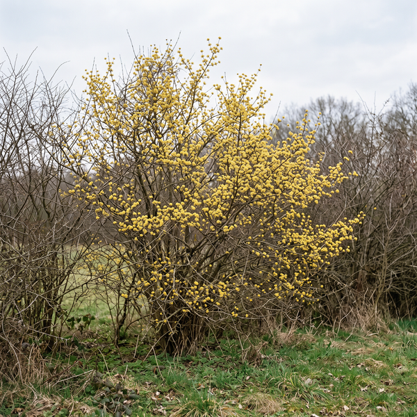 Kornelkirsche mit leuchtend gelben Blüten am kahlen Holz als Wildstrauch im Vorfrühling – KI-generierte Beispielabbildung