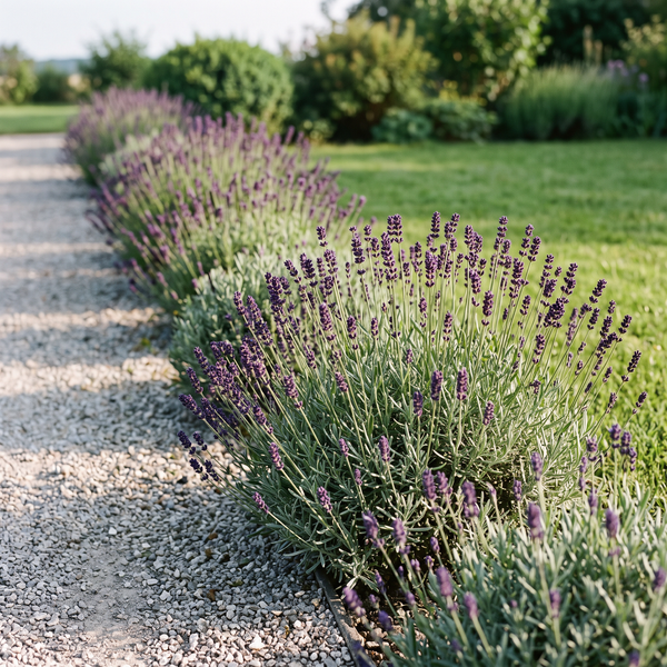 Lavendel 'Hidcote' in tiefvioletter Blüte als kompakte, etwa 40 cm hohe Pflanzung im sonnigen Gartenbeet – KI-generierte Beispielabbildung