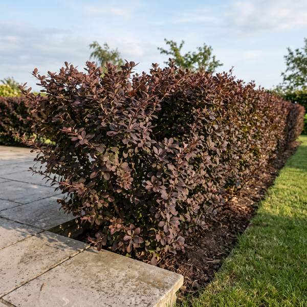 Rote Heckenberberitze 'Atropurpurea' als dichte, rotlaubige Hecke von etwa 1 m Höhe im Garten – KI-generierte Beispielabbildung