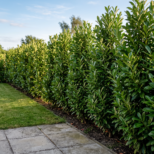 Säulen-Kirschlorbeer 'Obelisk' als schmale, etwa 1,8 m hohe Hecke im Garten – KI-generierte Beispielabbildung