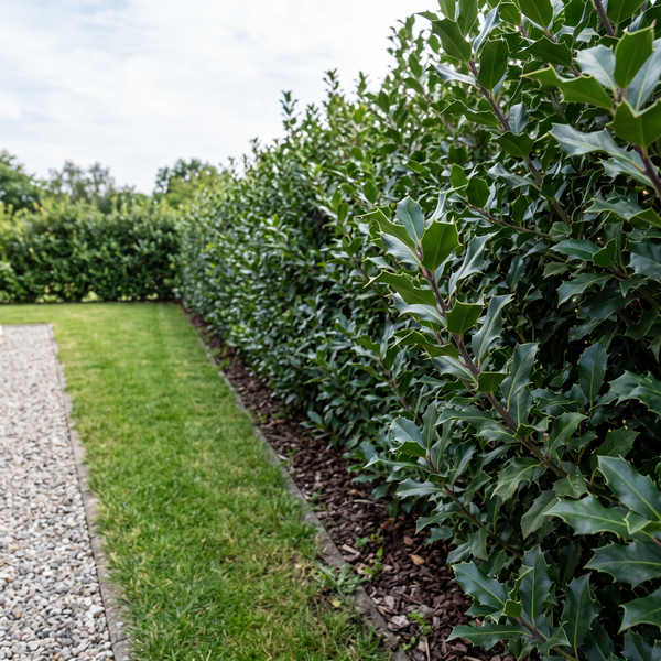 Stechpalme 'Heckenfee' als dichte, immergrüne Ilex-Hecke von etwa 1,6 m Höhe im Garten – KI-generierte Beispielabbildung